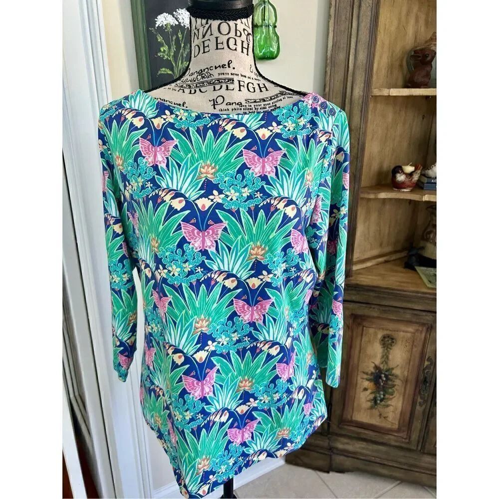 J. McLaughlin Catalina Cloth Carly Top Womens Green Butterfly Floral Casual